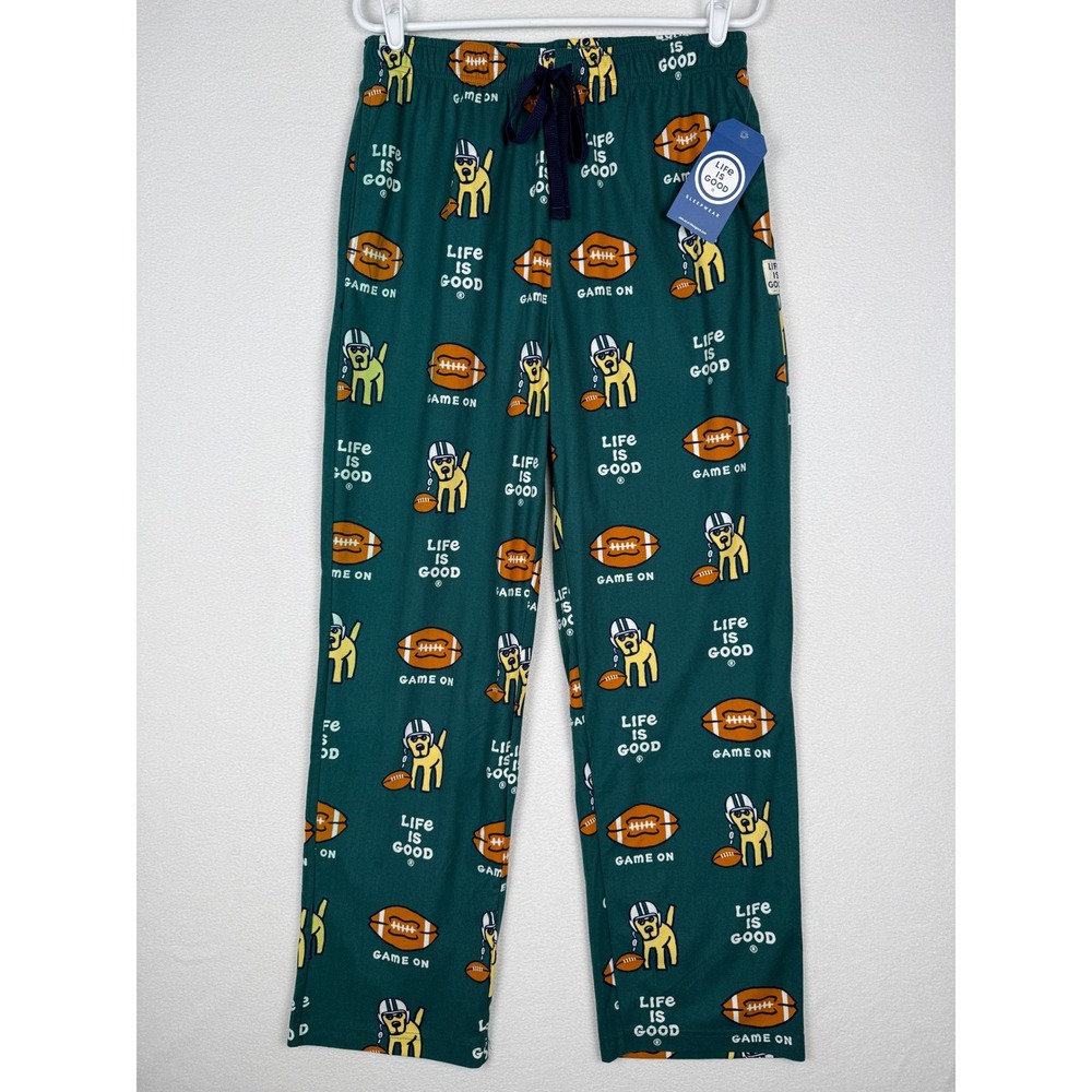 NEW Life is Good Game On Lounge Pajama Pants Mens L Green Dog Football Pockets